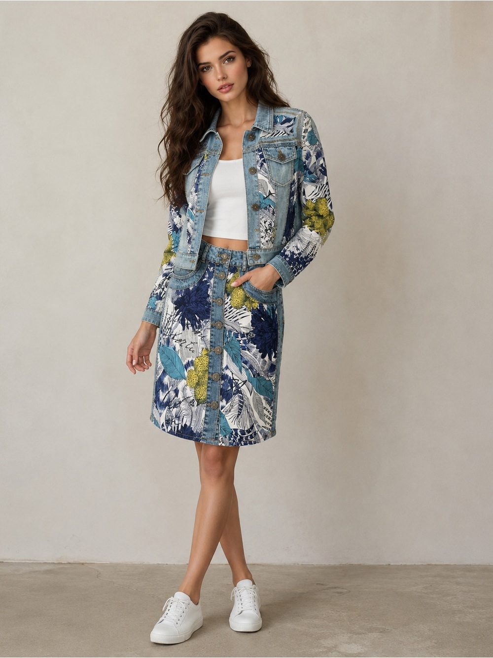 Desigual Blue Floral Patchwork Denim Jacket and Skirt Set